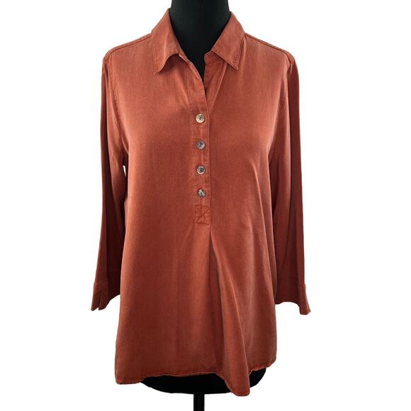Soft Surroundings Orange Blouse Tencel Back-Button Collared Side Slit Large L - Picture 1 of 7
